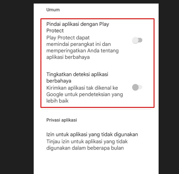 berhasil mematikan fitur play protect