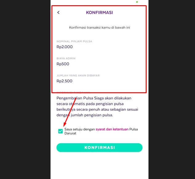 konfirmasi transaksi hutang pulsa