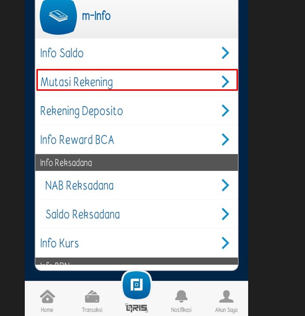 menu Mutasi rekening bca